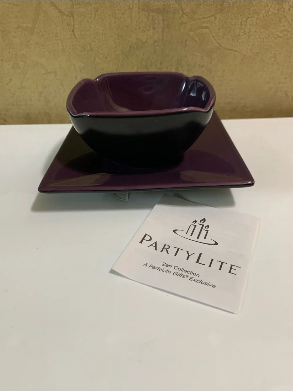 PartyLite Purple Ceramic Bowl & Matching Plate Candle Holder P8082 NEW in Box